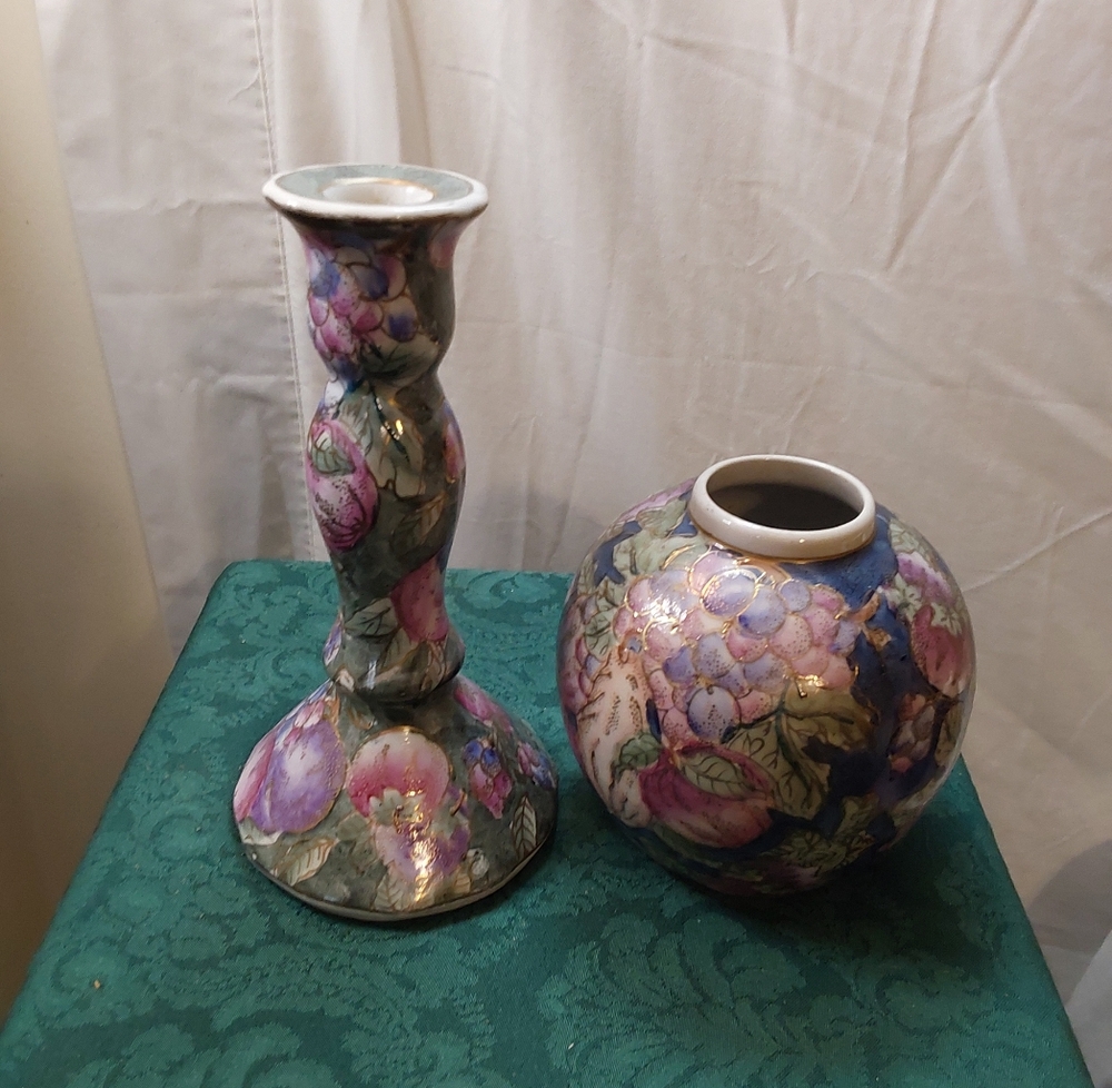 Vintage￼ C&F Enterprises Ginger Jar Gold Tone Fruit&Candlesticks Blue w/Gold Gi